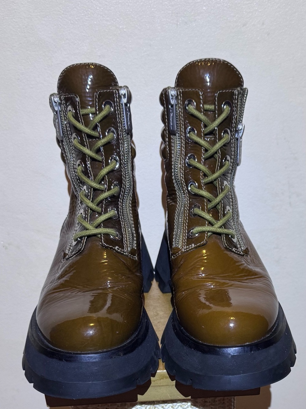 3.1 Phillip Lim Brown Patent Combat Boots with Olive Laces